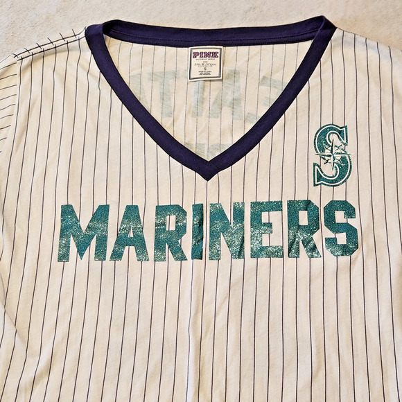 Seattle Mariners MLB Pinstripe Glittery V Neck Crop Top Jersey Shirt Women's S - Picture 2 of 5